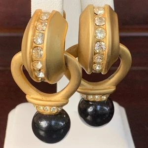 Orecchini Vintage Tono Oro Clip-On Knocker Strass Nero Bling Statement 1 3 - Foto 1 di 7