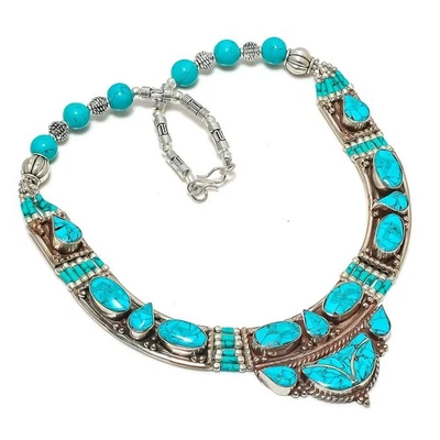 Türkis Edelstein Halskette Tibetische Handarbeit Antik Nepali Schmuck 18 Zoll... - Bild 1 von 4