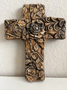 Sammlerstück Kreuz Kruzifix Wanddeko 8” X 6” Rosenranke Distressed Keramik - Bild 1 von 10