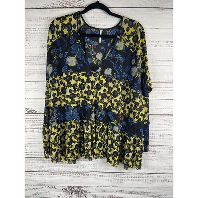 Suéter Free People Mujer Pequeño Boho Pullover Ligero Floral Azul Amarillo B Foto 1 de 4