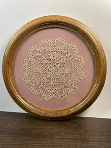 Tatted Doilies 14” Inch Round Framed Vintage Oak - Picture 1 of 5