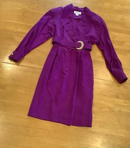 Vintage Casual Corner 100% Silk Dress Magenta Pink V-neck Long Sleeves Belt Sz 8 - Picture 1 of 10