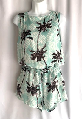 Olivaceous Romper, Mint/Cream/Brown, Tropical/Palms, Medium, Sleeveless, Pockets - Image 1 of 4