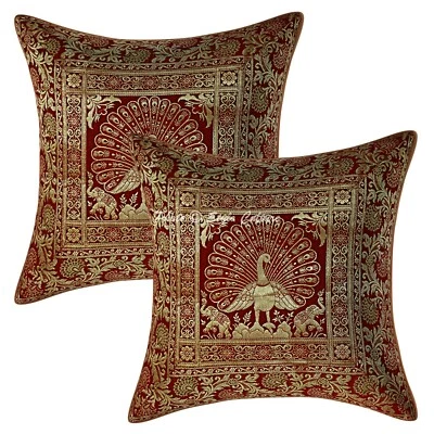 Indian Throw Pillow Covers Burgundy 40x40 cm Jacquard Peacock Cushion Covers - Image 1 of 4