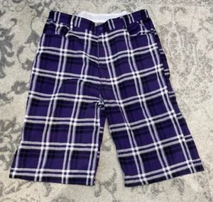 Five AR Plaid Shorts Mens 2XL Purple Pocketed Drawstring Zip Button Men Elastic - Picture 1 of 10