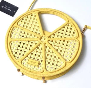 Kate Spade Lemon Drop Raffia Top Handle Bag Leather Canvas Crossbody - Picture 1 of 10