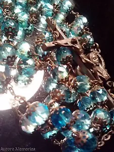 Vintage Christian Rosary Prayer Necklace Aqua Blue Glass Filigree Italy - Picture 1 of 1