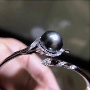 Gorgeous AAAAA Huge 10-11mm Round South Sea Black pearl bracelet 925S - Picture 1 of 4