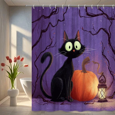 Cortina de Ducha Halloween Calabaza Gato Negro, Espeluznante Decoración de Baño Gótico Foto 1 de 4