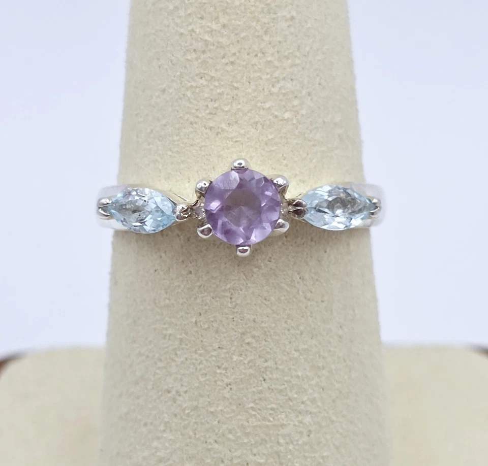 Anillo Vintage Plata Esterlina Amatista Aguamarina Talla 8.25 Floral Pastel Escarcha Foto 1 de 4