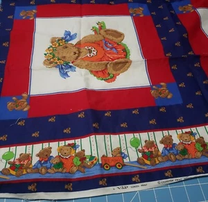 Vintage Cranston Teddy Bear Party Cotton Fabric 3 Pillow Panel ~42" x ~34.5" - Picture 1 of 10