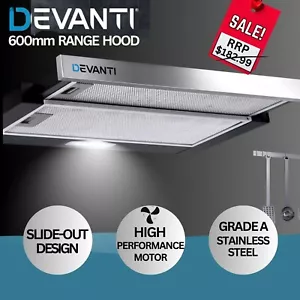 Devanti 600mm Range Hood Slide Out Kitchen Exhaust Fan Stainless Steel 450m³/h - Picture 1 of 9