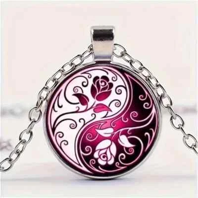 Princess Rose Prince Pattern Cabochon Glass Pendant Necklace - Image 1 of 4