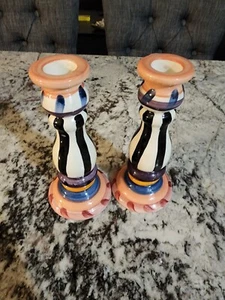 Set of 2 Vicki Carroll hand painted colorful ceramic candlesticks 96 @ 95 - Picture 1 of 7