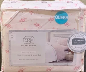 FARMHOUSE Rachel Ashwell Light Pink w/Roses & Ribbon Bows Floral QUEEN Sheet Set - Picture 1 of 4