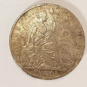 1890 Crown Size Lima Peru 9 Decimos Fino TF Coin Un Sol 0228-3 - Picture 1 of 5