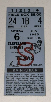 Indians Rangers MLB Ticket Stub Frank Tanana Career Win #118 Bell HR 8/6/1983 - Image 1 of 2