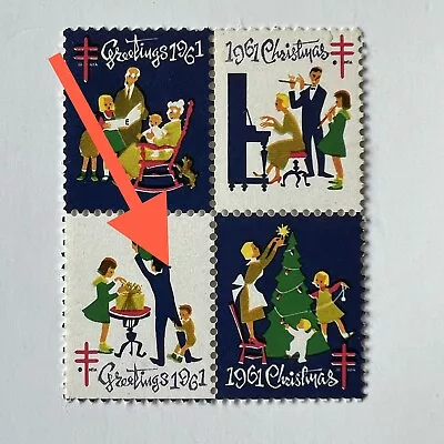 ERROR 1961 CHRISTMAS SEAL BLOCK WITH BLUE DOT NEAR SHOULDER MNH - Image 1 of 4