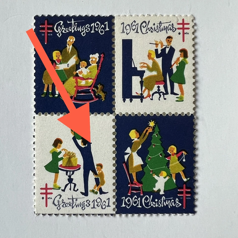 ERROR 1961 CHRISTMAS SEAL BLOCK WITH BLUE DOT NEAR SHOULDER MNH - Image 1 of 4