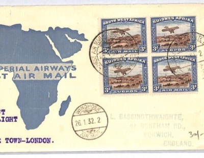 SOUTH WEST AFRICA 3d Air Block{4} 1932 Cover IMPERIAL Art FIRST FLIGHT Map YJ170 - Image 1 of 4