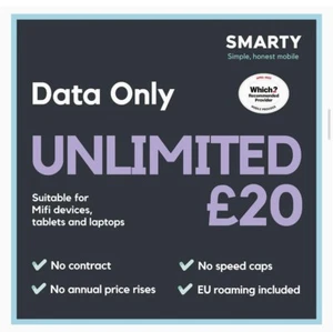 SMARTY UNLIMITED 30 Day Pay As You Go Data Only SIM Card 🔥 - Picture 1 of 3
