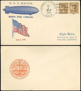 Copertina 7/4/34 USS Macon Independence Day che mostra Macon e bandiera, Moffett Field Cnl! - Foto 1 di 1