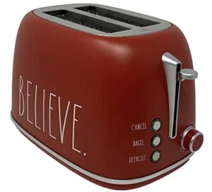 Rae Dunn 2-Slice Toaster "Believe" Rounded Retro Red Stainless Holiday Christmas - Picture 1 of 11