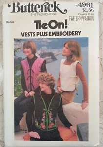 BUTTERICK 4961 Sewing Pattern VTG 70s Uncut VEST Tie-on Embroidery Medium 12-14 - Picture 1 of 6