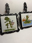 Vintage Happy Frog Cast Iron Ceramic Tile Trivet Kitchen Decor Kitschy 2pc