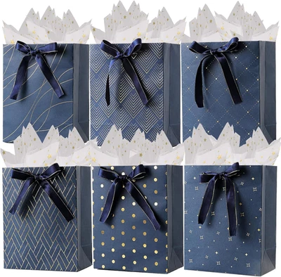 Paquete de 6 bolsas de regalo de papel azul marino de 9" medianas con asas papel de seda estrella dorada f Foto 1 de 4