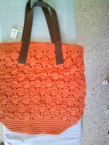 Chico's Orange Scallop Crochet Straw Tote Brown Handles 20"Wx14"Tx6"D NWT - Picture 1 of 3