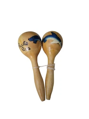 Vintage Wooden Puerto Rico Maracas Dolphin Seaweed Design Souvenir Unique 5"  - Image 1 of 4