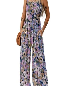 Women's Casual Loose Overalls Jumpsuit One-piece Sleeveless Printed Wide Leg - Picture 1 of 11
