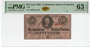 T-63 PF-2 1864 $0.50 Confederate Paper Money - PMG Choice Unc 63 EPQ - CHOICE! - Picture 1 of 2