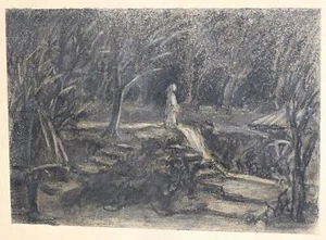 Antique pencil painting forest landscape signed - Picture 1 of 5