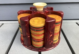 Vintage burgundy swirl plastic catalin poker chip caddy + chips yellow red green - Picture 1 of 10
