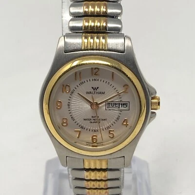 Reloj Waltham Mujer 27mm Tono Plateado Dorado Día Fecha Banda Elástica Batería Nueva 6" Foto 1 de 4