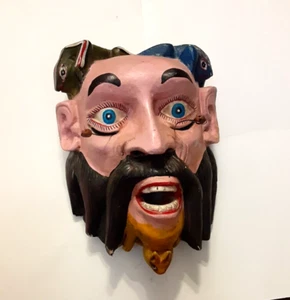 Mexican Mask Bat Chin Eye w/Wired Skull Beads Wood Carved Folk Art Scared Look - Picture 1 of 18