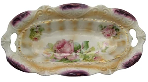 Antikes europäisches Schmuckstück Eitelkeit rosa Rosen goldfarbene Borte ovale Griffe Porzellanschale - Bild 1 von 6