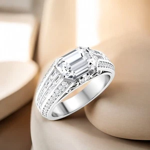 Anillo de oro blanco para hombre corte esmeralda 4 quilates IGI laboratorio... - Imagen 1 de 10