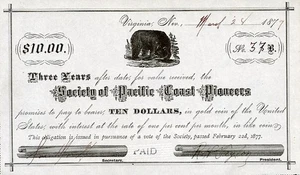 1877 Society of Pacific Coast Pioneers Promissory Note - Picture 1 of 1