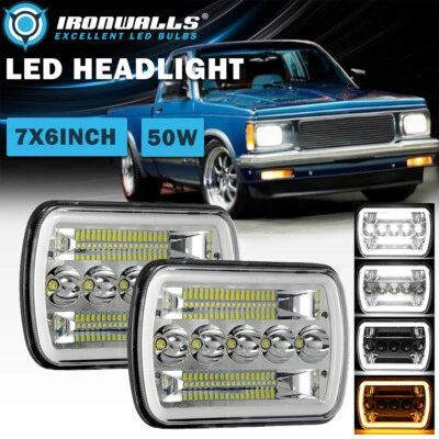 Pair 7x6" LED Headlights Chrome DRL Turn Signal Ring for GMC FORD Pickup Truck - Image 1 of 4