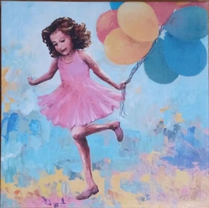 Wall Art, Unframed CANVAS, LITTLE GIRL CELEBRATING WITH BALOONS IN HAPPY COLORS - Picture 1 of 2