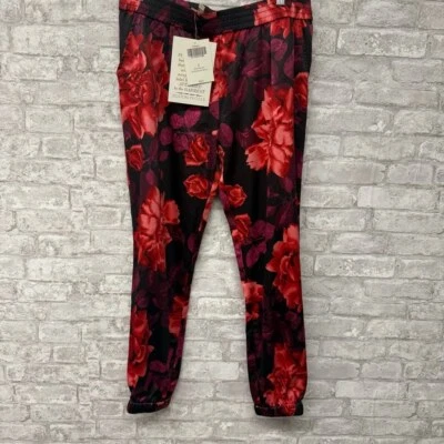 Boston Proper 花卉柔软裤子女式大号黑色和红色全新带标签 — 第 1/4 张图片