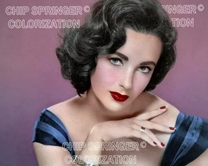 ELIZABETH TAYLOR IN BLUE STRIPE DRESS BEAUTIFUL COLOR PHOTO BY CHIP SPRINGER - Picture 1 of 1