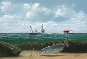 "Penascal Rocks " by John Dearman Giclee Print Speckled Trout Fishing Boat - Picture 1 of 1