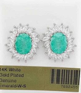 GENUINE 4.0 Cts EMERALD & WHITE SAPPHIRE STUD EARRINGS 14K WHITE GOLD PLATED - Picture 1 of 4