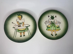 2 Vintage Handmade Green Decora Ceramics Busy MaidPlates, California - Picture 1 of 9