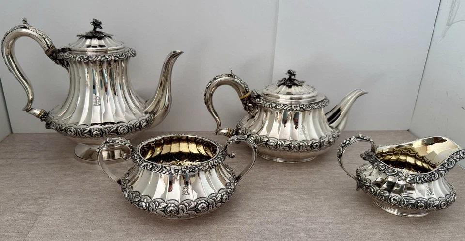 FINO JUEGO DE CAFÉ DE TÉ GEORGIANO INGLÉS ROSA ESTERLINA 4 PIEZAS EMES & BARNARD 1823 Foto 1 de 4