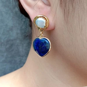 16mm natural Blue Lapis Heart Shaped Cultured White Pearl Stud Earrings - Picture 1 of 6